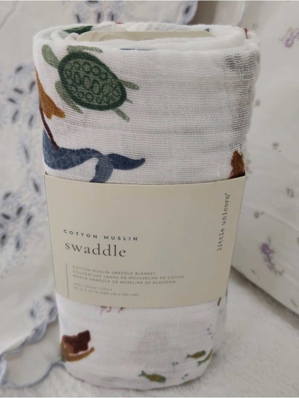 Cotton Muslin Swaddle Blanket - White with Green Turtle & Blue Whale